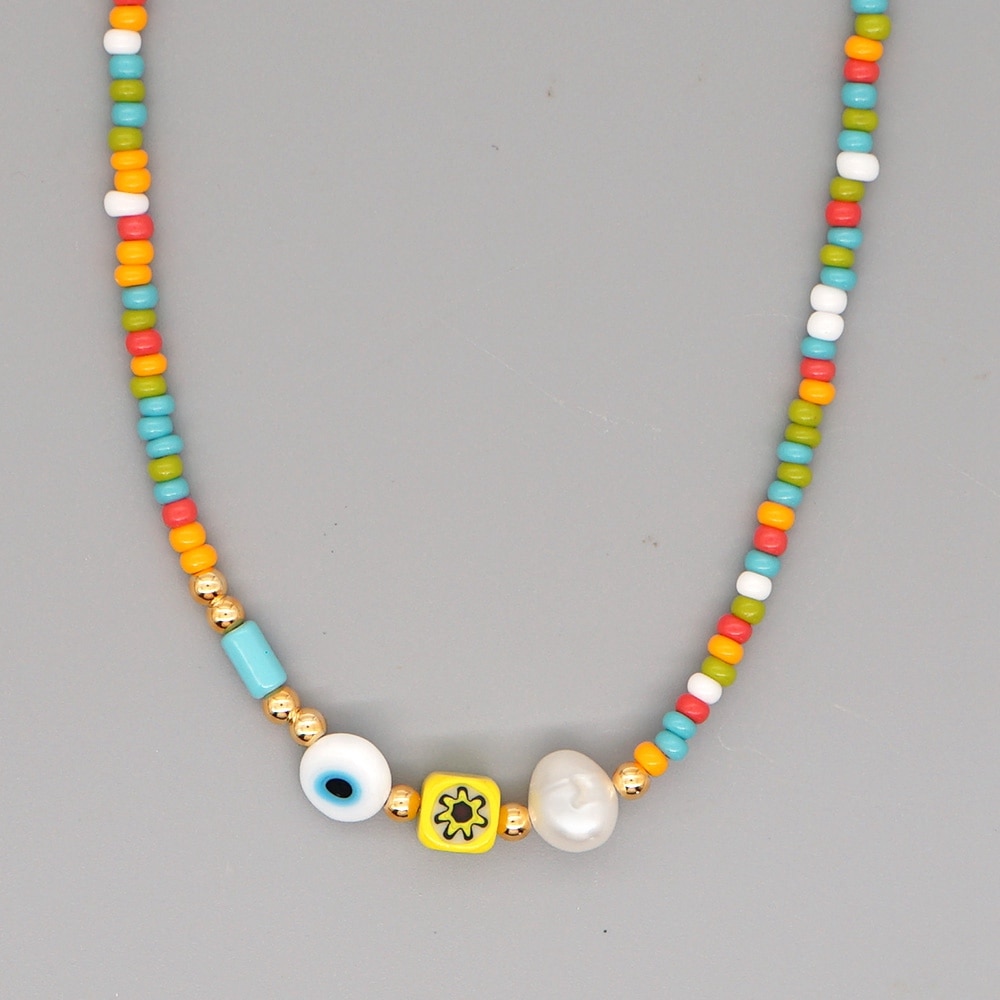 Go2Boho Evil Eye Necklace On Neck Boho Rainbow Seed Beads Pearl Necklaces For Women Jewelry Accesorios Mujer Choker