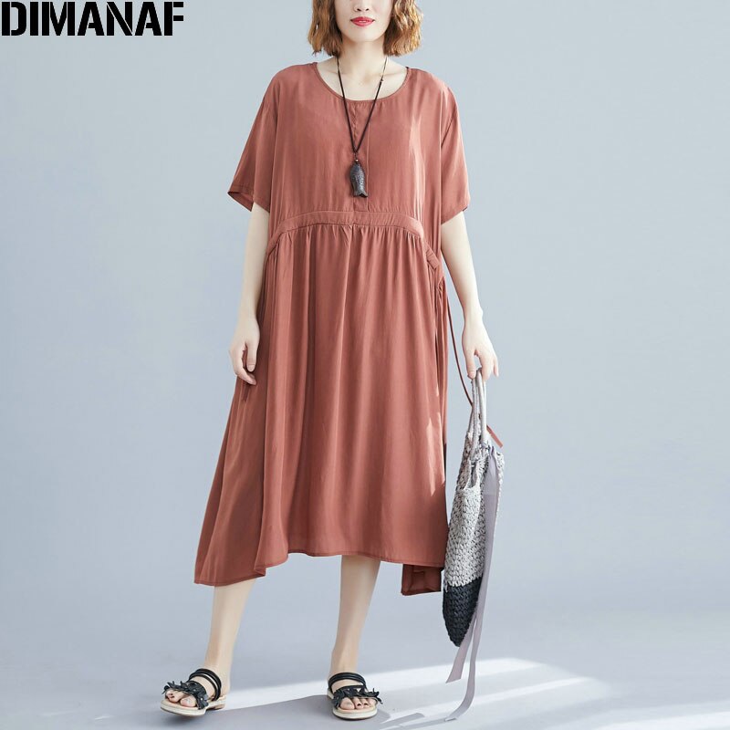 Dimanaf plus size damklänning sommar med bälte veckad bomull casual stil kvinnlig vestidos lös solid basklänning 4 färger