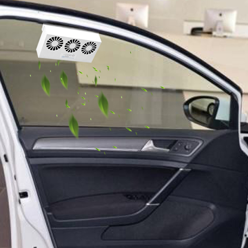Ventilador solar de tres cabezales para coche, fuente de alimentación móvil, USB, color blanco