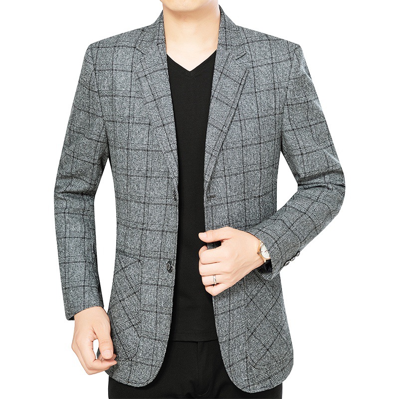 Herren Anzugjacke Vintage Kariert Umlegekragen Einreihig Männliche Oberbekleidung Business Casual Langarm mit Taschen Herren Blazer: 4XL / Grau