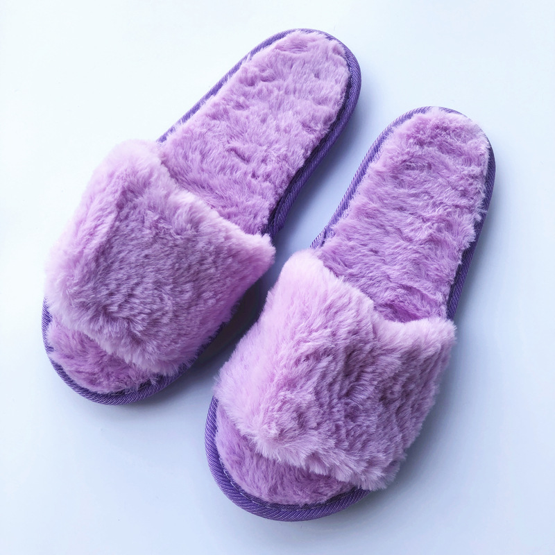 Efterår vinter pels rutschebaner hjemmetøfler sko kvinde imiteret pels kvinder hjemmesko fluffy plys skridsikre indendørs sko kvindelige hjemmesko: Lavendel / 7.5