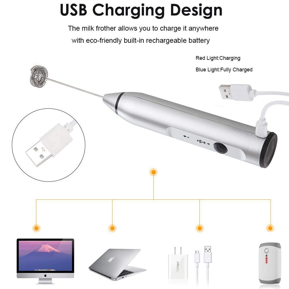 YAJIAO, USB, 3 velocidades, Espumador eléctrico para leche, mezclador de bebidas duradero para café, recargable con 2 batidores para espuma manual, Latte