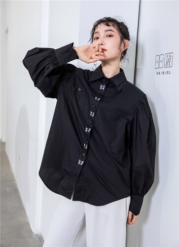 XITAO-Blusa holgada de otoño para mujer, camisa negra con bordado de mariposa, de talla grande, XJ4984: L