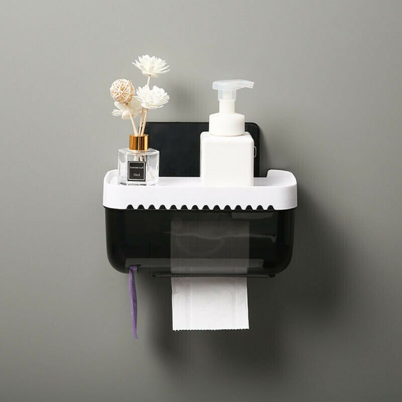 Mobiltelefon rackopbevaring hylde papirhåndklæde kasse vandtæt toiletpapir rulleholder badeværelse tissuekasse dispenser vægmonteret: Sort