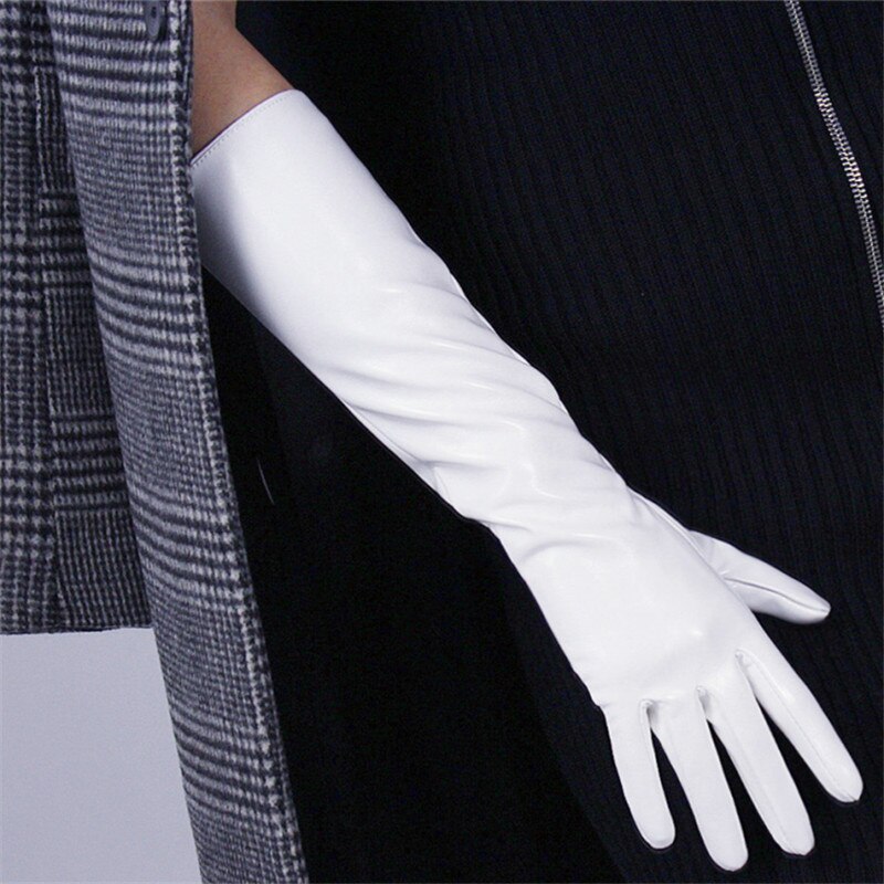 WEINIBAO Zwart lakleer handschoenen, vingerloze handschoenen leer lang, glanzende handschoenen voor dames, leer, operahandschoenen, lang, voor carnaval, cosplay kostuum, zwart, 1