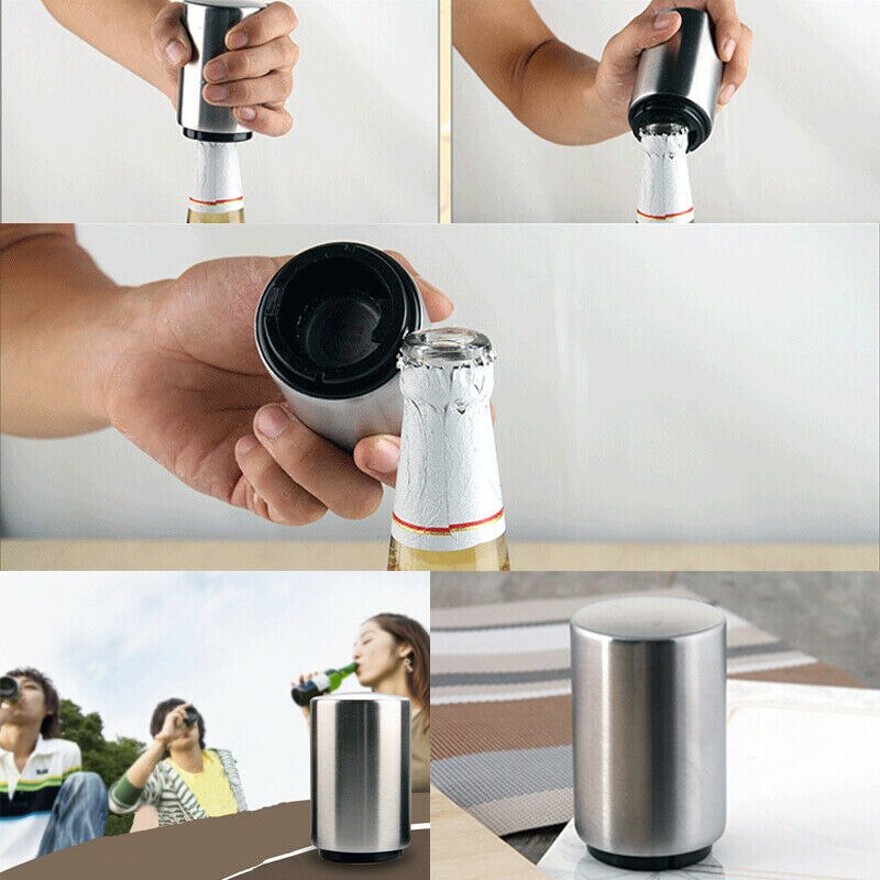 Automatisk ølåpner i rustfritt stål til fest bar flaskelokk vin sølv håndholdt øl brus verktøy drikkespill flaskeåpner