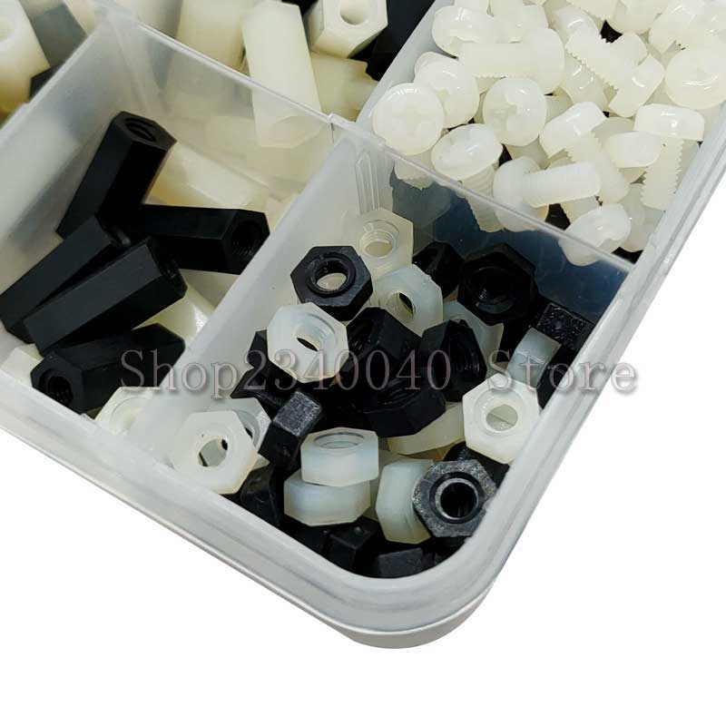 300pcs/set M3 Nylon Screw White/Black Female Male Hex Nylon Standoff Spacer Column Flat Head Nylon Plastic Spacing Screws Nuts