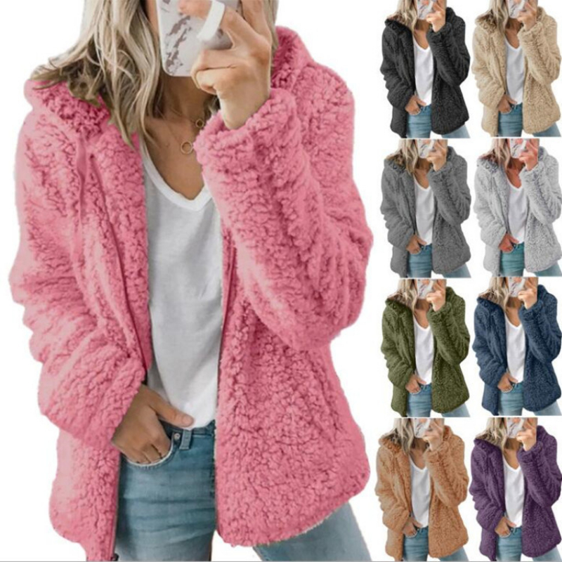 Abrigo de lana con capucha y cremallera para mujer, chaquetas de lana lisa, abrigos sueltos de manga larga de Cachemira, chaqueta de para mujer, invierno,