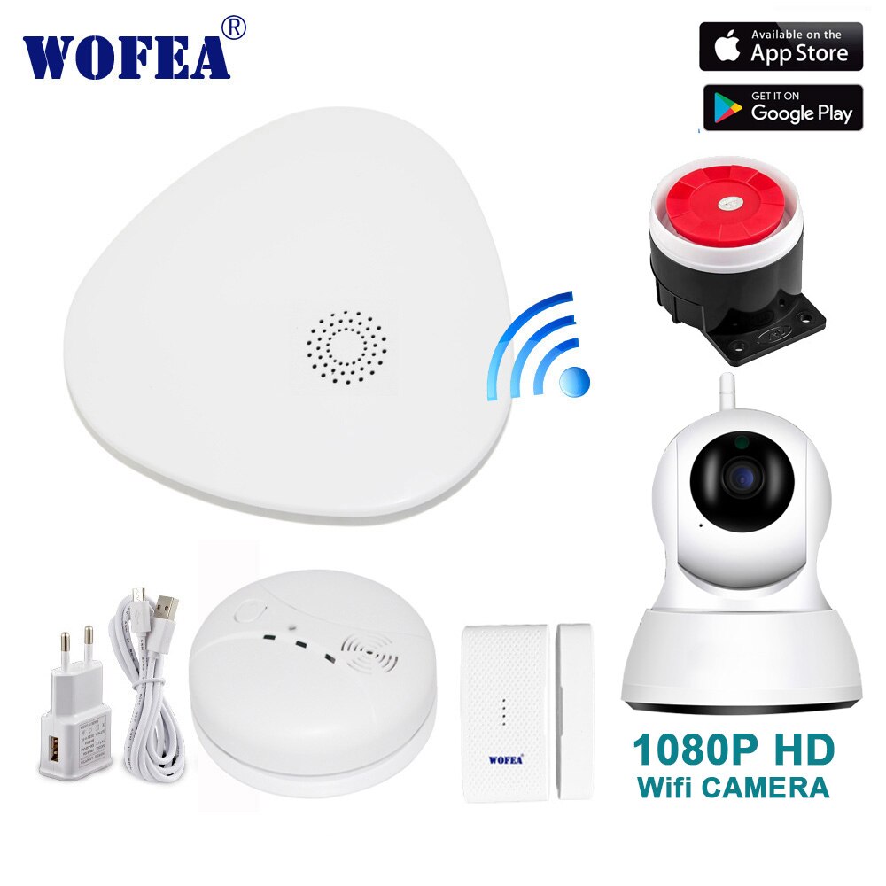 wofea HD 1080P wifi video home security alarm system wifi smart V10 APP message push notice SMS & auto dial smoke & door sensor: Russian