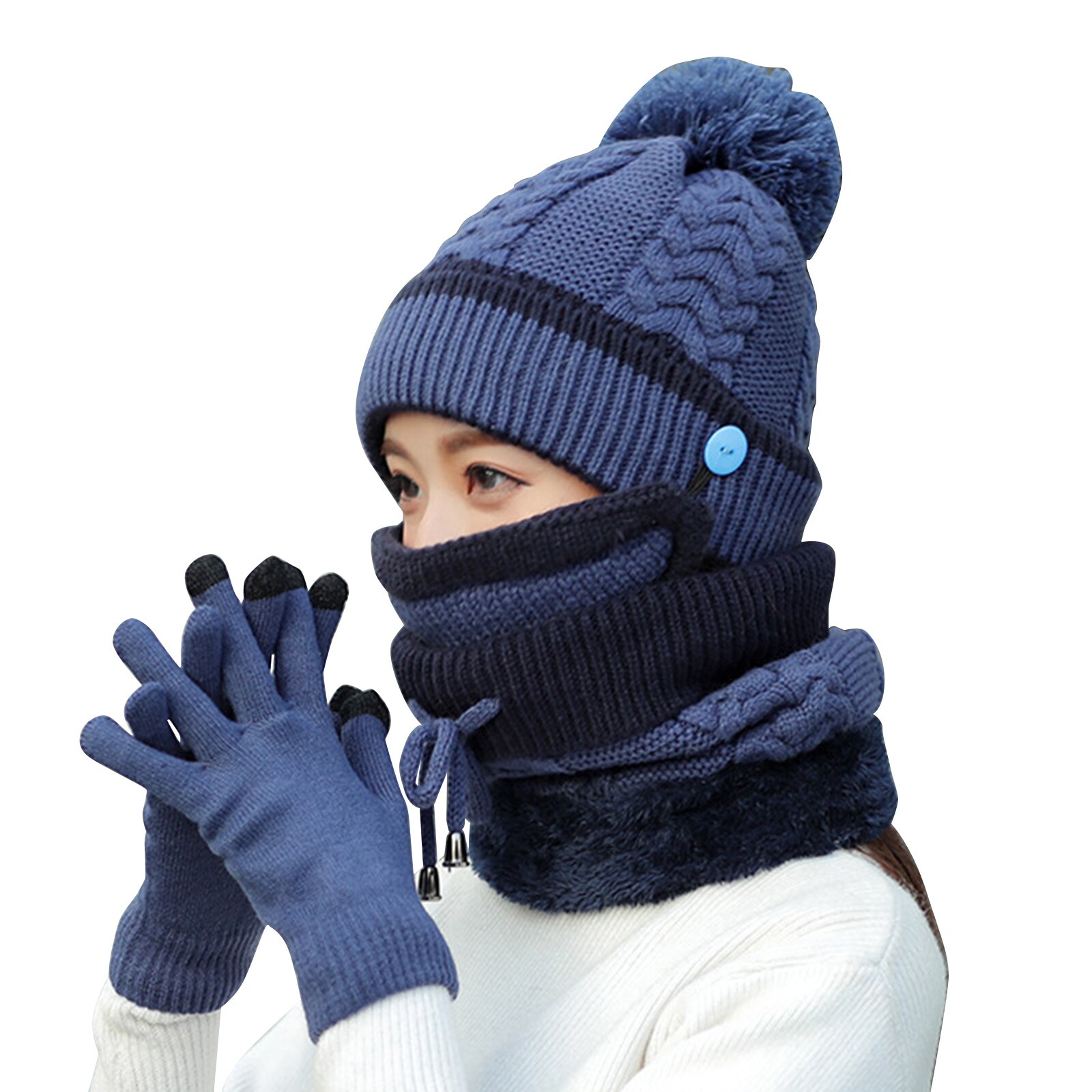 Nyeste 4 stk kvinders vinter tørklæde sæt thickend strikket hat tørklæde ansigt dække handsker udendørs: Marine blå