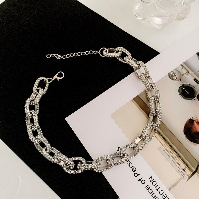 Luxe glinsterende, dikke cubaanse ketting met strass-steentjes voor dames, goud, zilver, metalen, holle, brede schakelketting, accessoires: Zilver