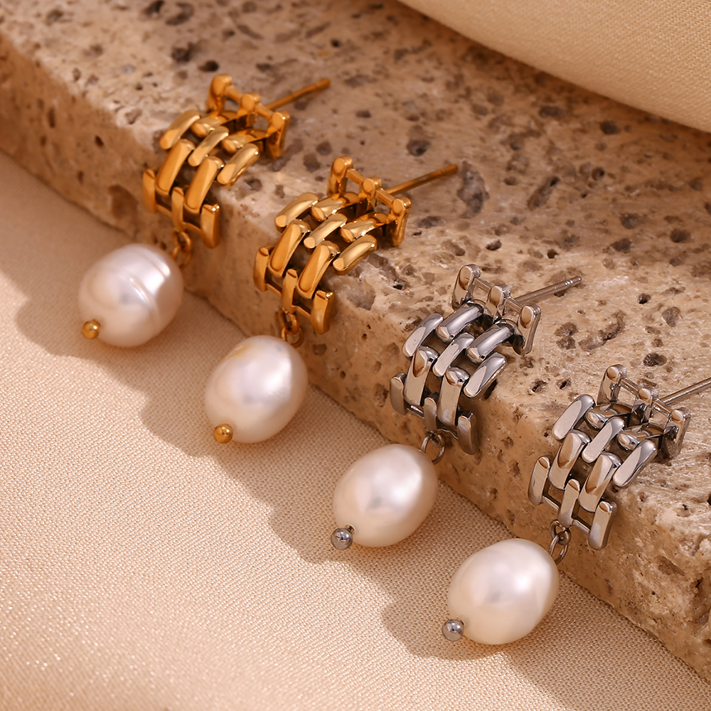 E.B.belle Watch Chain Egg Shape Pearl Pendant Stud Earring Gold Color Stainless Steel Accessories 18K Gold Plated Women