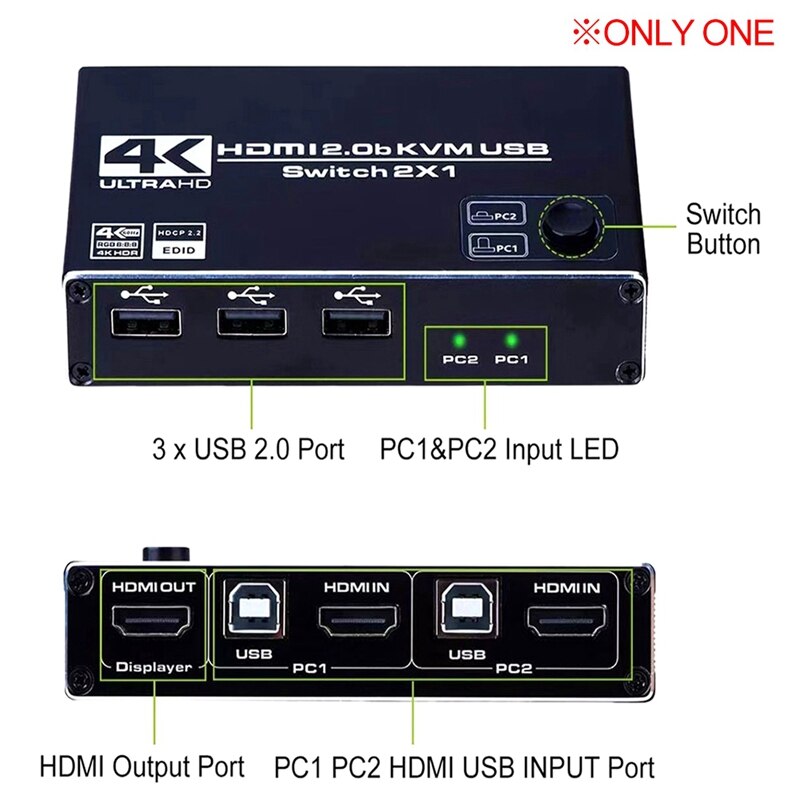 HDMI2.0 Kvm Switch Usb Computer Monitoring 2 In 1 Out Toetsenbord En Muis Usb Sharing 2-Poorts Switch