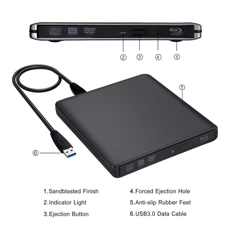 Eksternt bluray-drev usb 3.0 optisk drev bd-rw-brænderforfatter portatil ekstern blu ray-afspiller cd / dvd rw til pc / bærbar / æble