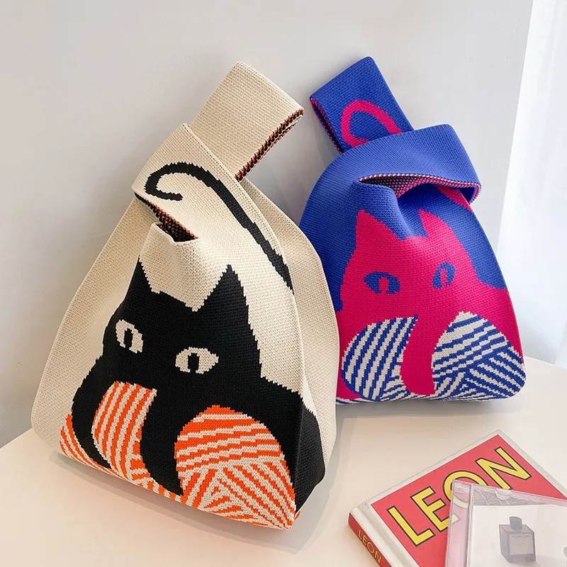 Mini bolso de muñeca con nudo para mujer, bolsos de mano de punto hechos a mano, bolso de mano informal coreano, bolsos de compras reutilizables