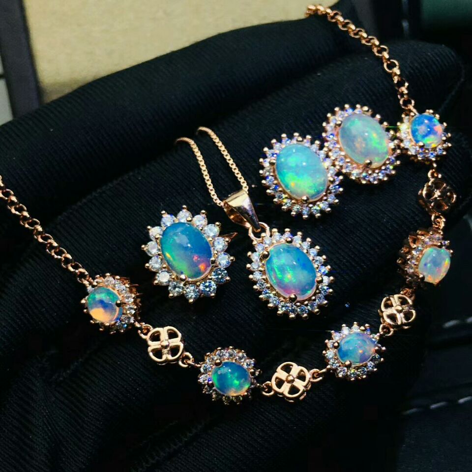 MeiBaPJ Opale Naturale Anello di Girasole Orecchini Della Collana Del Braccialetto 4-pezzi Vestito per le Donne Reale dell'argento Sterlina 925 Gioielleria Raffinata impostato