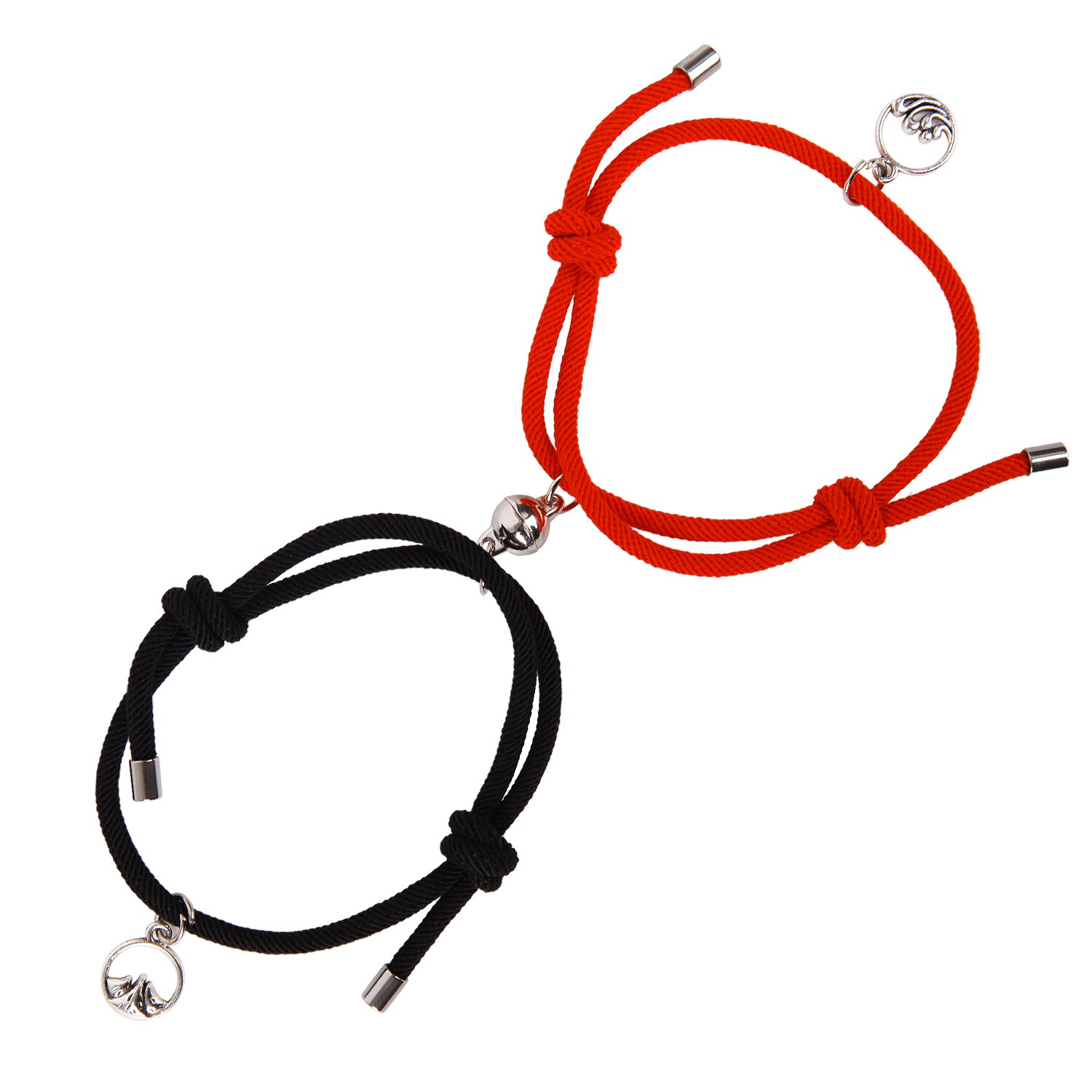 2Pcs/Set Steel O-Shaped Magnet Adjustable Bracelet for Couple Stainless Steel Charm Attractive Men and Women Valentine'Day: reddish black