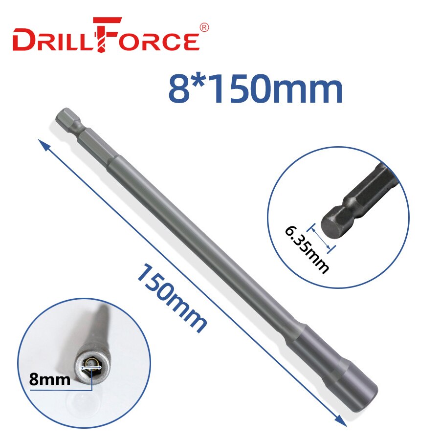 Drillforce 5.5-19x150mm Magnetic Nut Driver Set Impact Socket Sleeve Adapter Screwdriver Drill Bit 1/4" Quick Change Hex Shank: 8x150mm