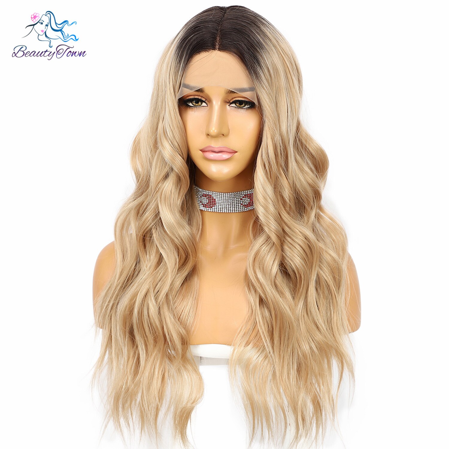 Long Wavy Synthetic Lace Wig Dark Roots Ombre Brown Wigs Women Daily Use Beauty Influncer Synthetic Lace Front Wig