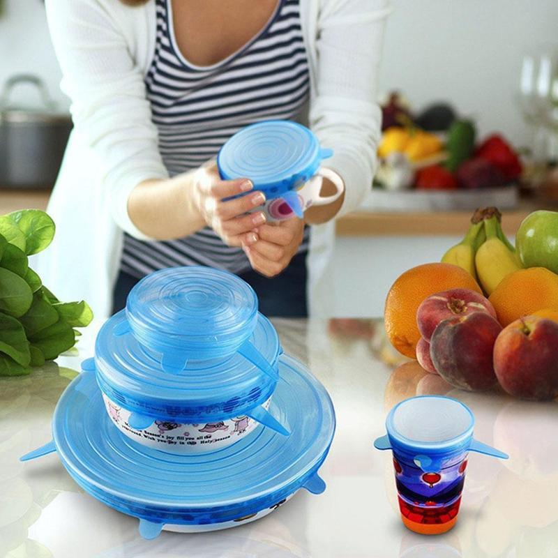 6 Pçs/set Alimentos Silicone Tampa Tampa de Silicone Reutilizável Trecho Universal Acessórios de Cozinha Para As Tampas de Panelas Tigela armazenamento de Co Y9P3