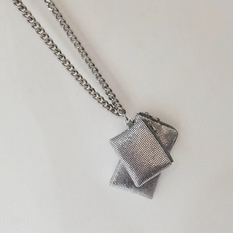 Tung industri metal tre-i-en dame sølv tyk kæde pailletter mobiltelefon taske hængende hals taske messenger bag kanal