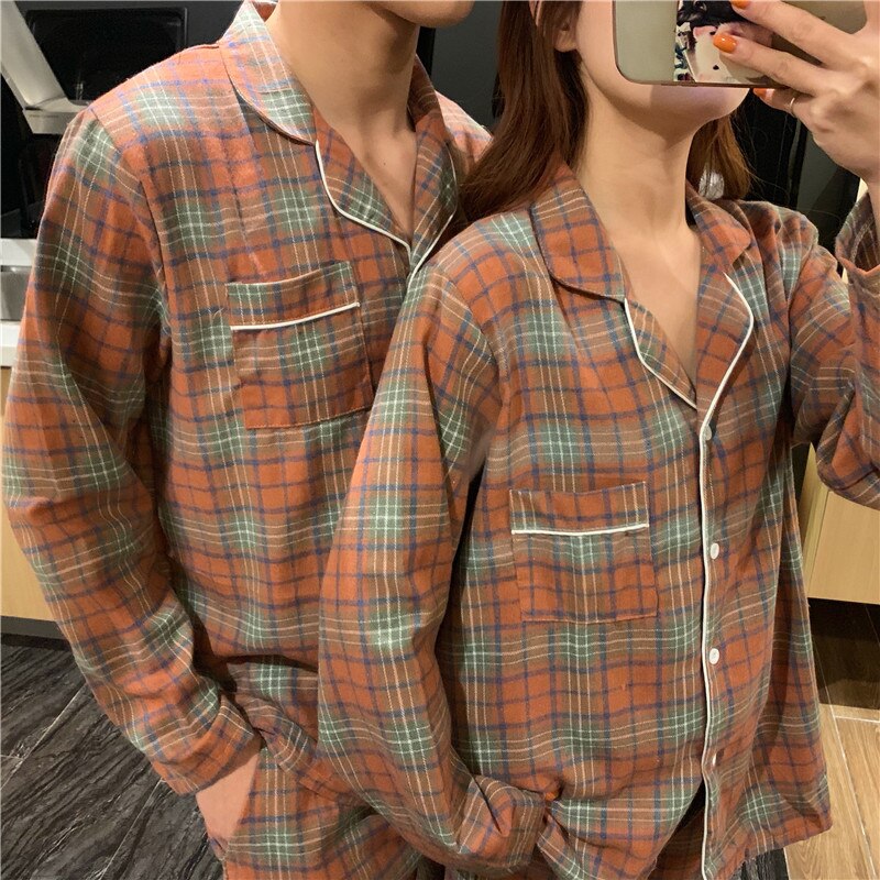 Classical Plaid Cotton Unisex Pajamas Women Men Autumn Winter Korean Couple Style Comfortable Long-sleeved Lapel Pijama Mujer