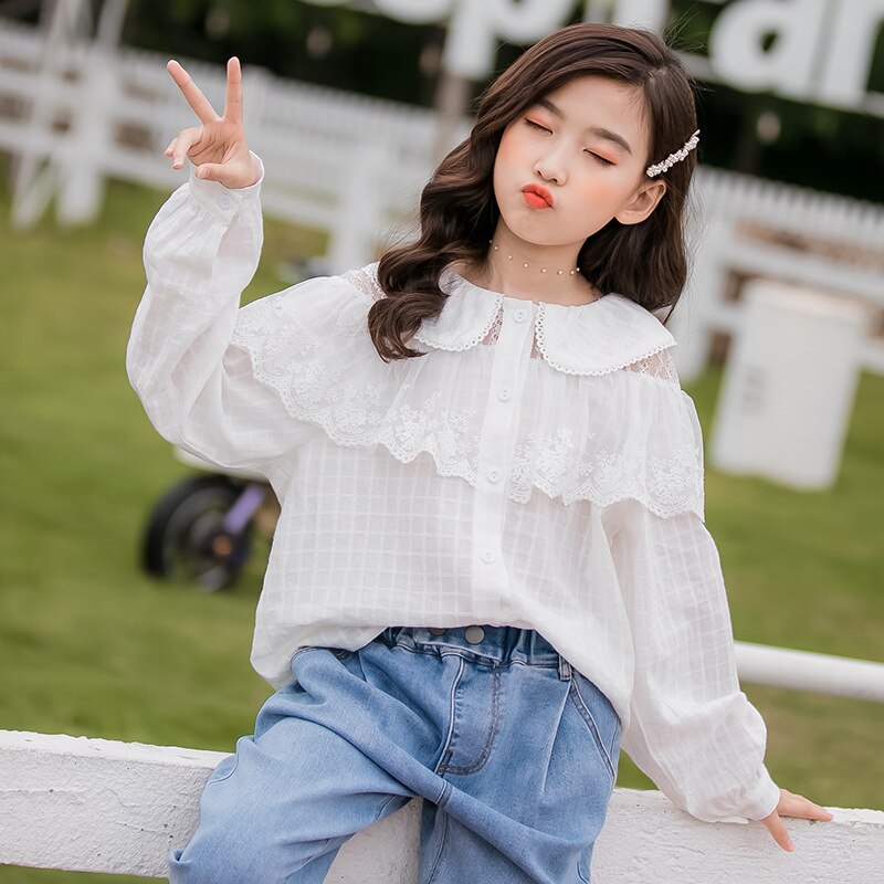 Meisjesblouses herfst kinderkleding kinderen kant wit geruite blouse schattige topjes tienermeisjes casual shirts 4 6 8 10 12 14 16y