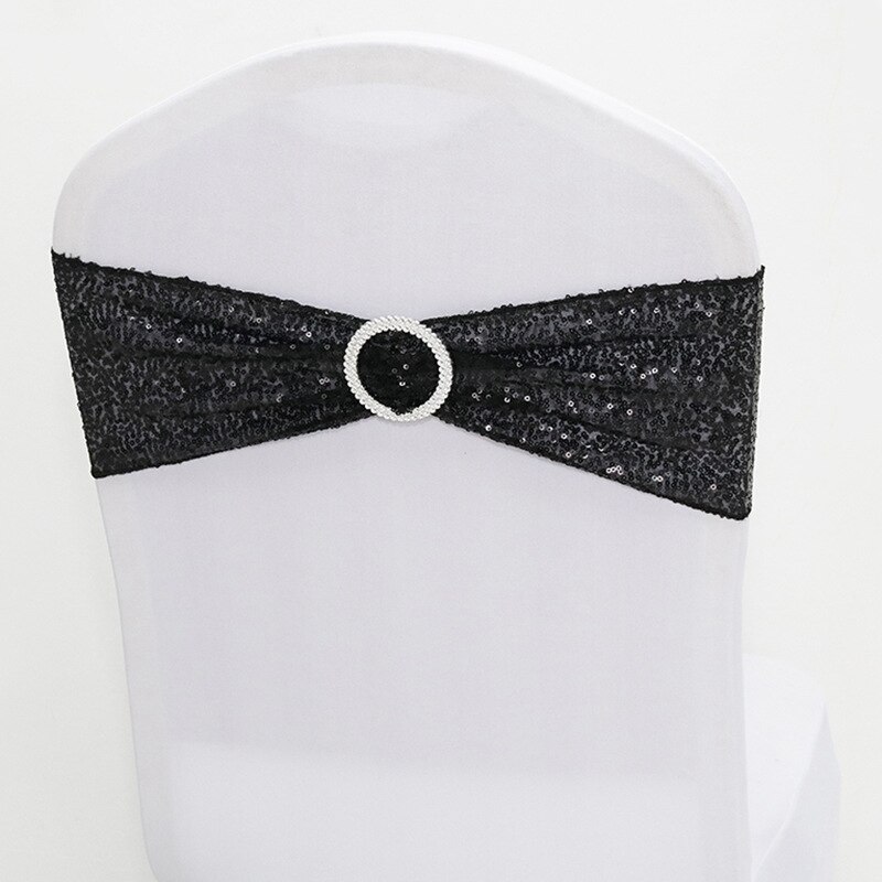 Sequin Chair Bands Stretch Spandex Chair Sash Band with Round Buckle for Wedding Events Banquet Decoration Party Supply: Black Chair Band
