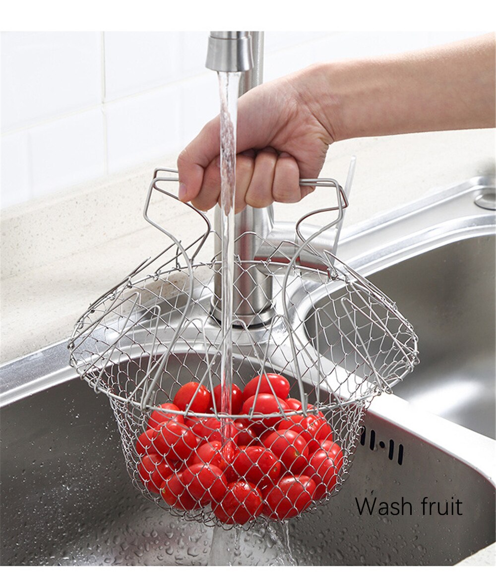 304 Stainless Steel Telescopic Frying Basket Foldable Potato Basket Colander Multi-function Kitchen Tool Frying Drainer