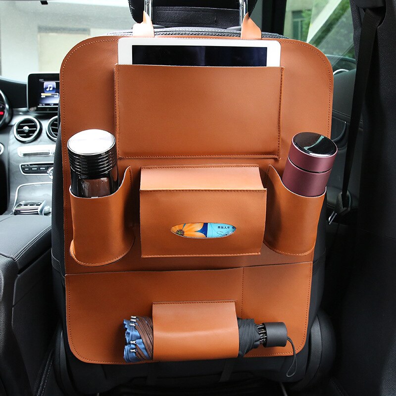 PU Leather Pad Bag Car Seat Back Organizer Travel Storage Bag Foldable Dining Table Car Seat Storage Bag Car-styling Accessores: Brown