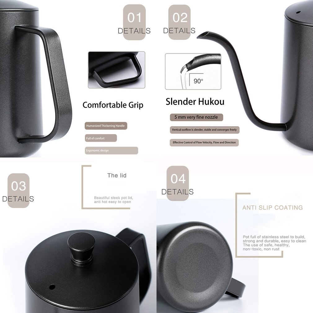 600ml Coffee Tea Pot Stainless Steel Long Narrow Gooseneck Spout Kettle Hand Drip Kettle Pour Over Coffee With lid