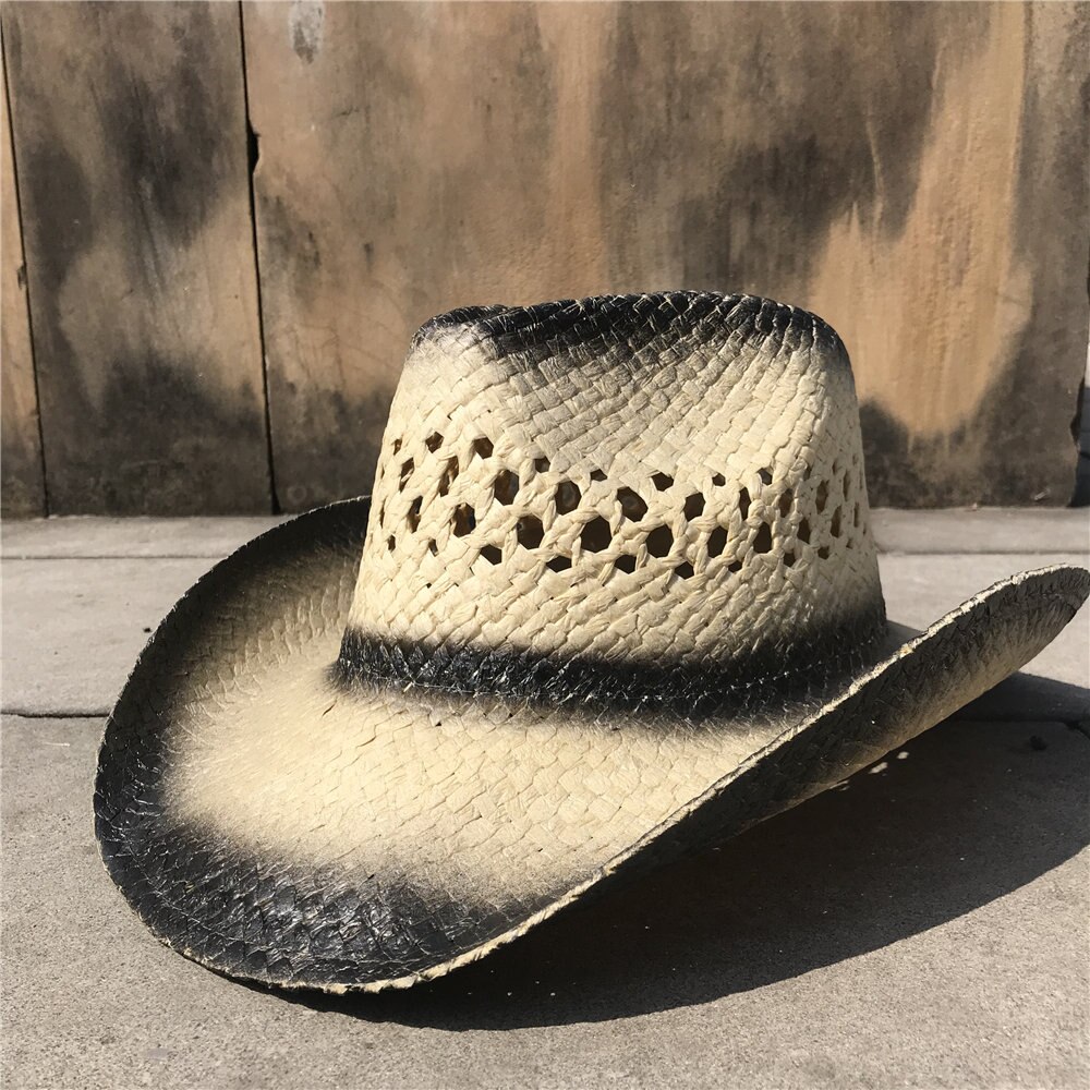 Handgemaakte Vrouwen Mannen Hollow Western Cowboy Hoed Vader Schipper Strand Sombrero Hombre Hoed Dame Handgemaakte Stro Sunbonnet Zonnehoed: Black HEC