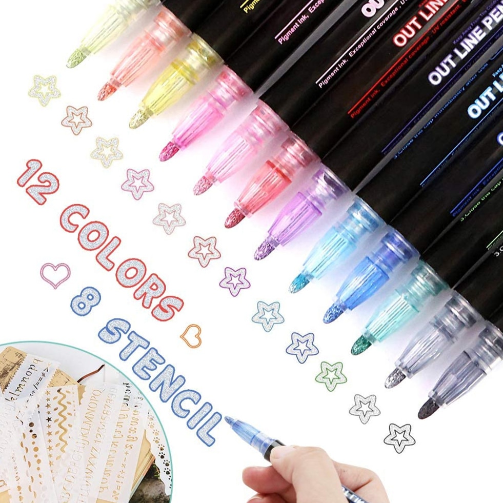 12 farger tusj vaskbar malepenn dobbel linje kontur penn metallisk farge magisk highlighter tusj til kunstrekvisita