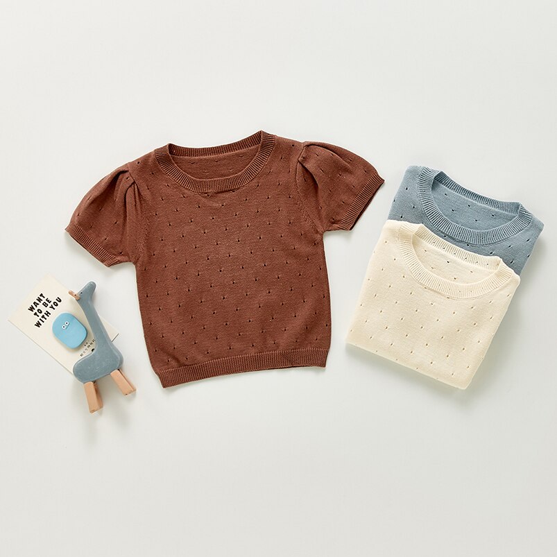 Schattige Baby Baby Katoenen Shirt Kleding Lente Zomer Korte Mouw O-hals Effen Mesh Breien Tops Voor Peuter Jongen Meisje Casual