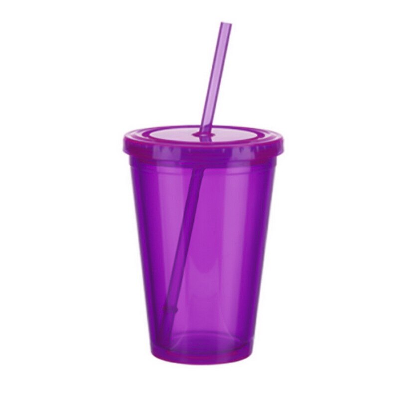 1 stk 500ml plastik isglas dobbeltvægget kold drik kaffe juice te rejse kop flaske krus med sugerør væske bæger låg  #25: Lilla
