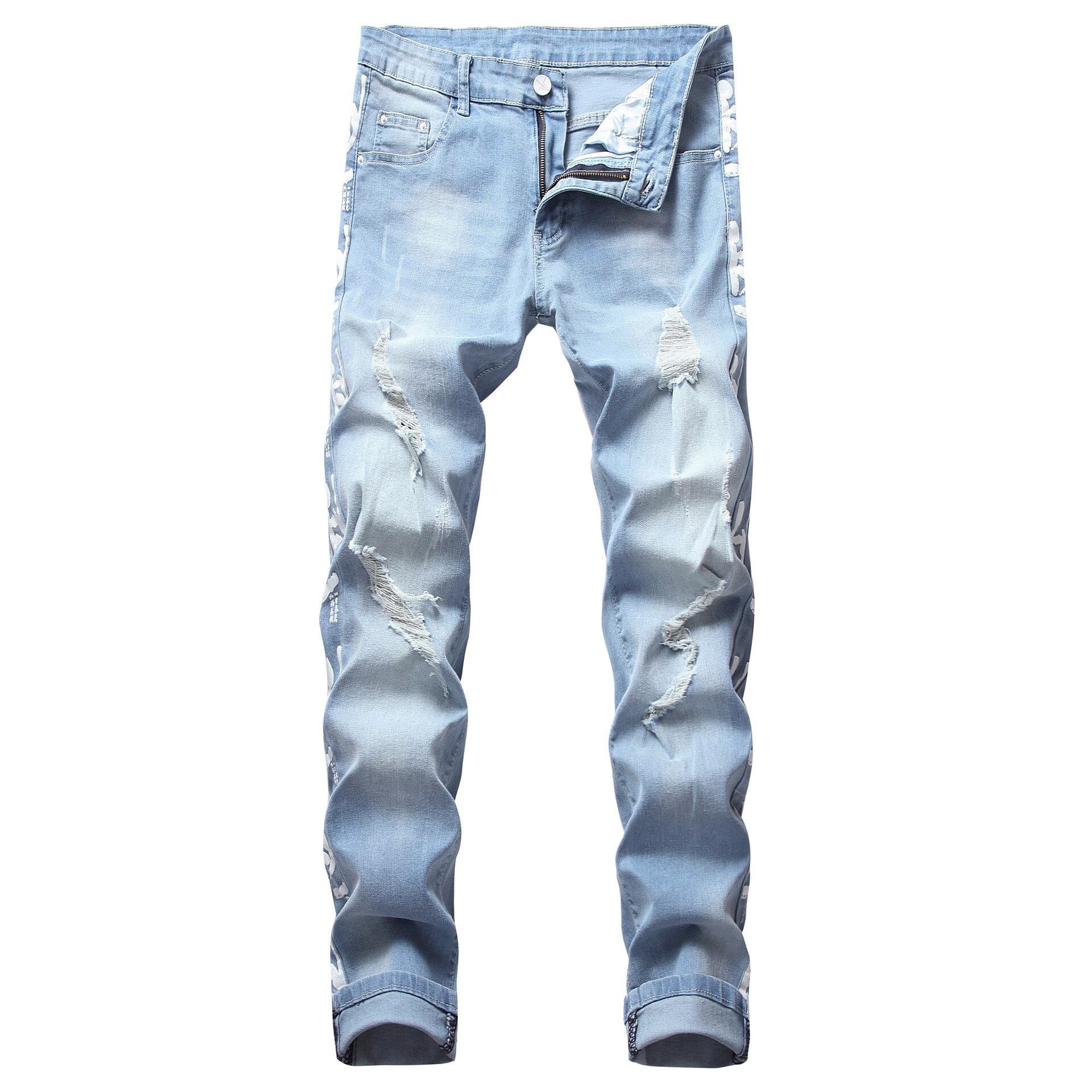 Gat Stretch Gedrukt Mannen Denim Jeans Broek Lange Classic Slim Fit Broek Voor Heren Streetwear Ripped Jeans Mannelijke Kleren