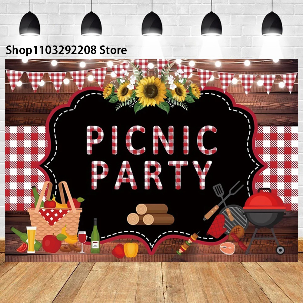 Picnic Party Theme Photography Background Outdoor BBQ Party Red and White Check Wood Backdrop Family BBQ Decor Photocall Banner: L / Fluorescence Yellow