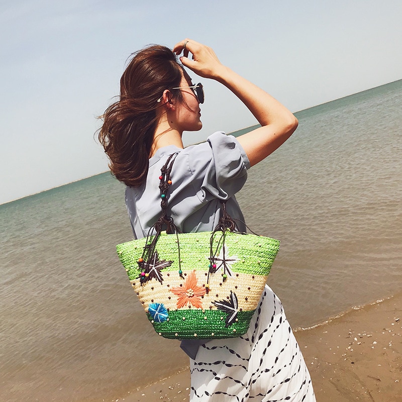Bohemian hand-embroidered starfish straw bag beaded woven handbag shoulder bag