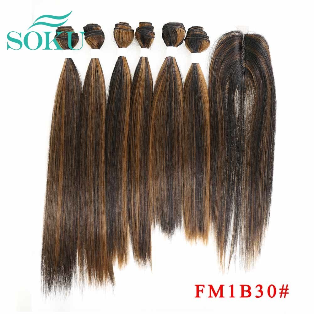 Ombre Bruin Yaki Rechte Synthetisch Haar Bundels Met Sluiting 14-18Inch Soku Hoge Temperatuur Fiber Bundel Haar weven