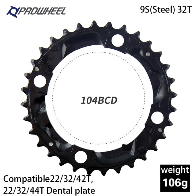 PROWHEEL Road Chainring 64/96/104BCD Mountain Bike Chainwheel 22/24/30/32/40/ 42/ 44T Sprocket Aluminum Alloy Steel Tooth Plate: 9S 104BCD 32T