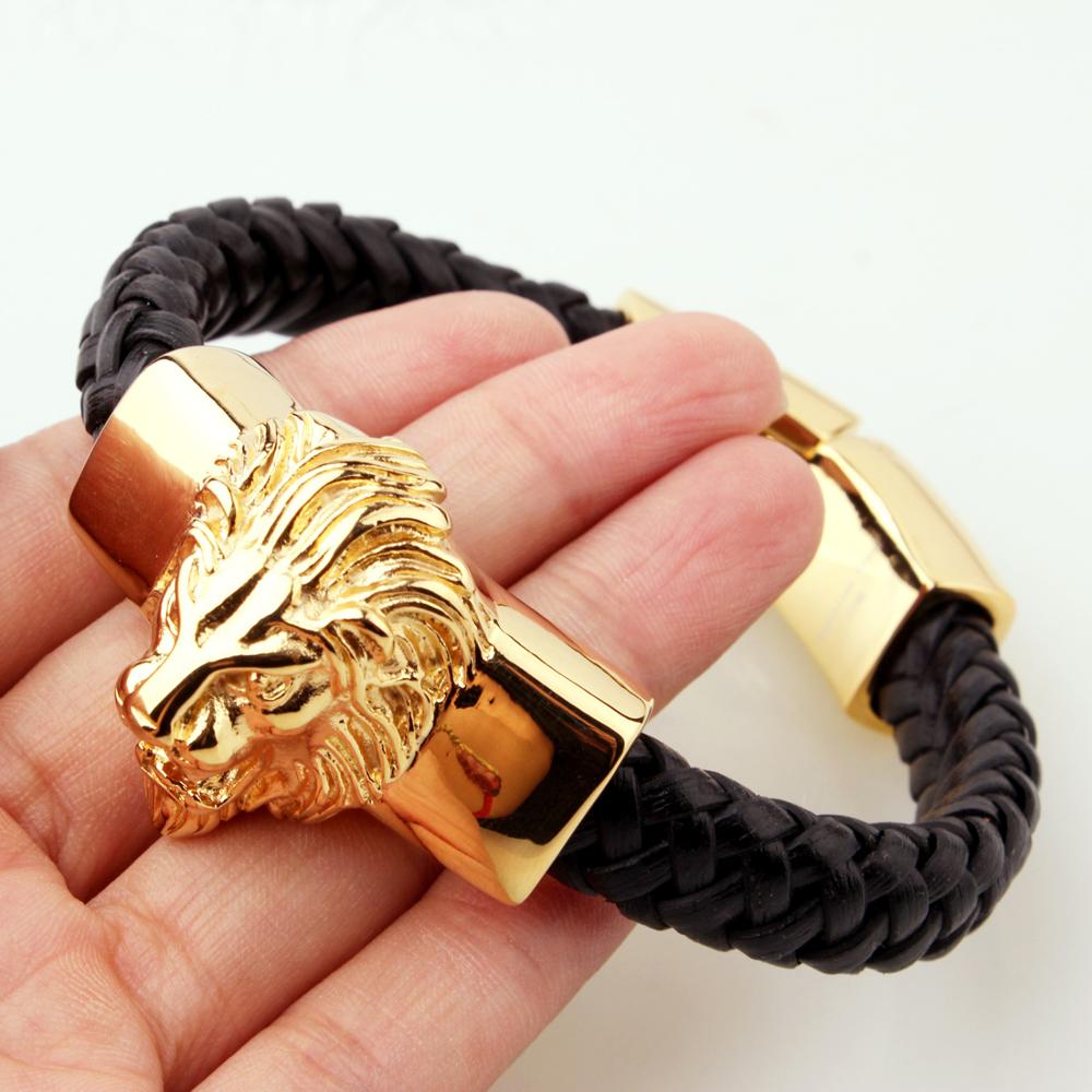 Hip Hop Mannen Gold Tone 316L Rvs Leeuwenkop Armband Zwart Wirsted Lederen Armband Bangle Sieraden
