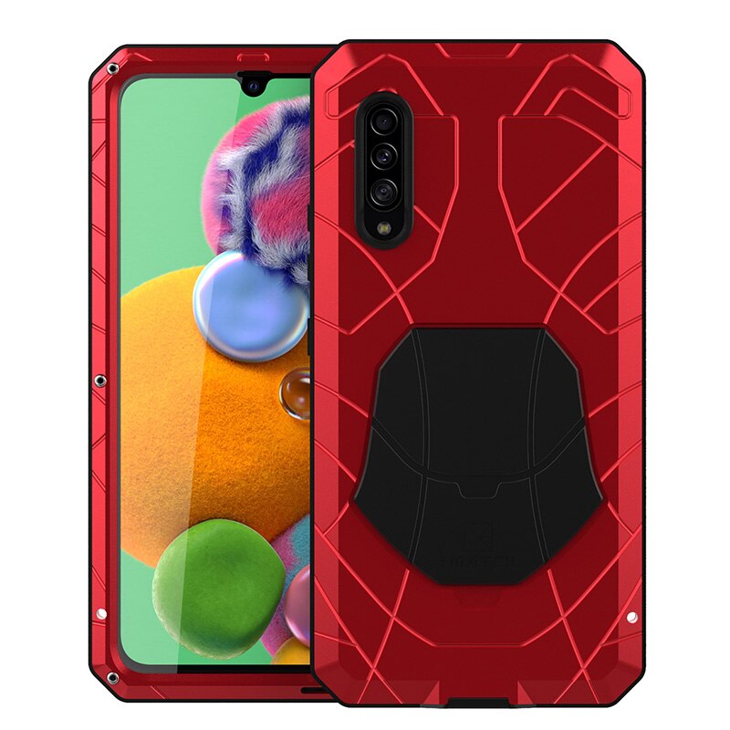 For Samsung Galaxy A90 5g Phone Case Hard Aluminum Metal Case Tempered Glass Screen Protector Cover Heavy Duty Protection Cover: red