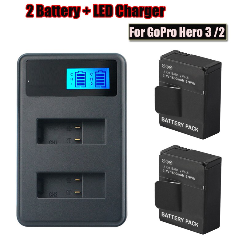 Kit chargeur USB pour Gopro hero3 3 + caméra d'action, 4 pièces, batterie 302 + écran LCD à Double fente, accessoires: C Package