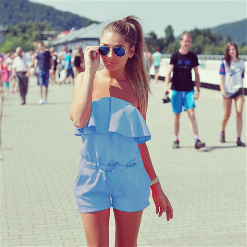 Sommer dameoveralls afslappet flæser shorts rompers elastikbånd off shoulder playsuits sweet beach dame jumpsuits