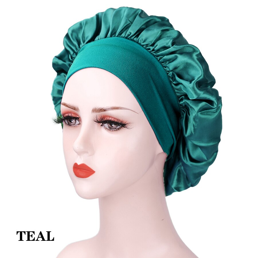 Wide Elastic Band Women Satin Night Sleep Cap Hair Bonnet Hat Silk Head Cover Women&#39;s Satin Solid Sleeping Hat Night Sleep Cap: TEAL