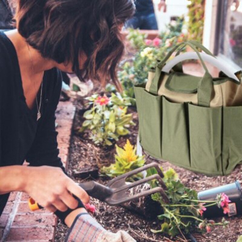 CSS tela Oxford verde oscuro 8 lado Multi-bolsillos Tote manija de jardín herramientas organizador bolsa de almacenamiento portátil