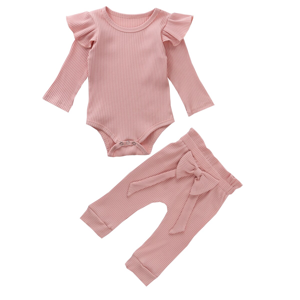 2 Stuks Peuter Kids Baby Girl Ruffle Bodysuit Romper Top Solid Strik Broek Broek Herfst Katoen Lange Mouw Outfit Kleding set