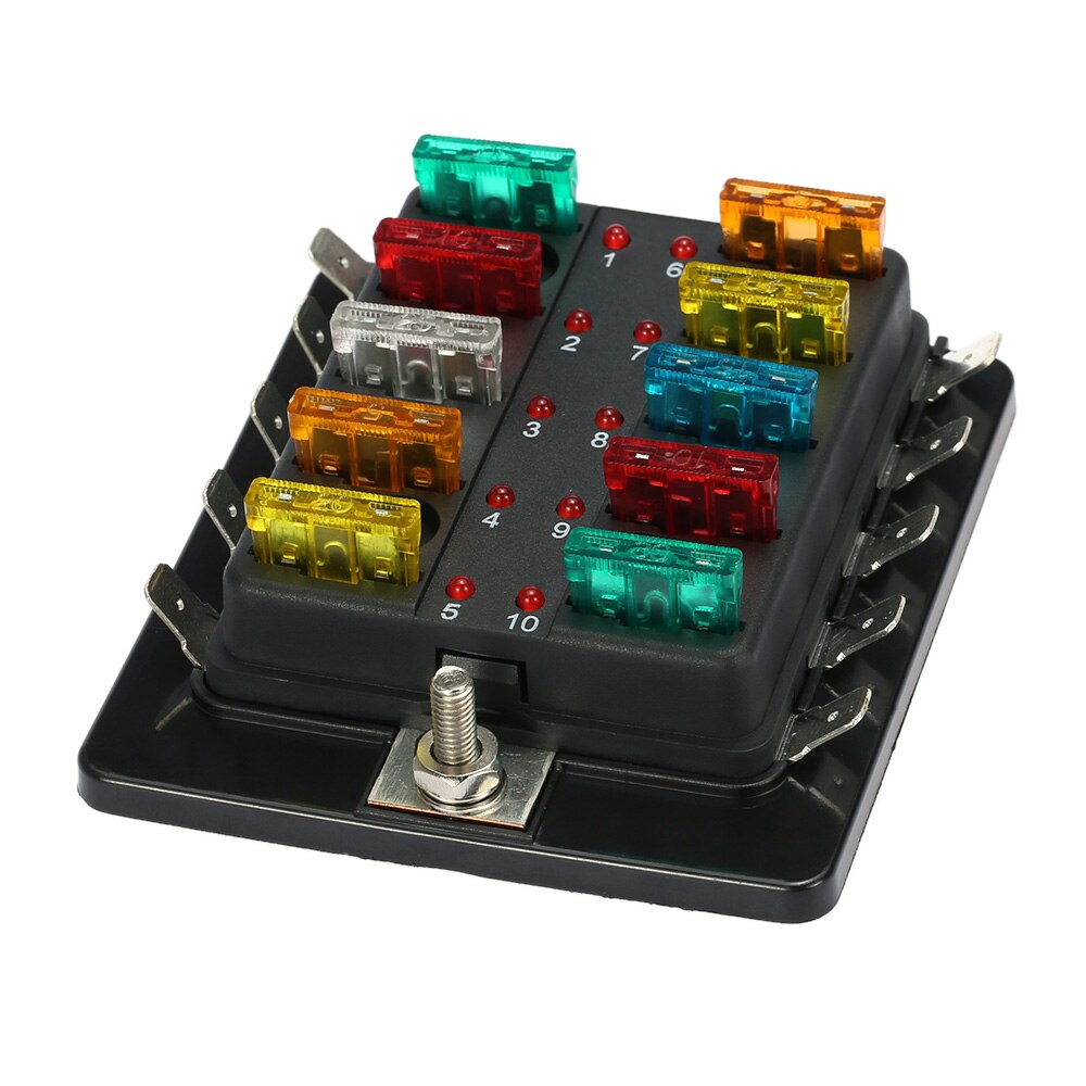 10 Way Blade Fuse Box Holder with LED Warning Light Kit for Car Boat Marine Trike 12V 24V