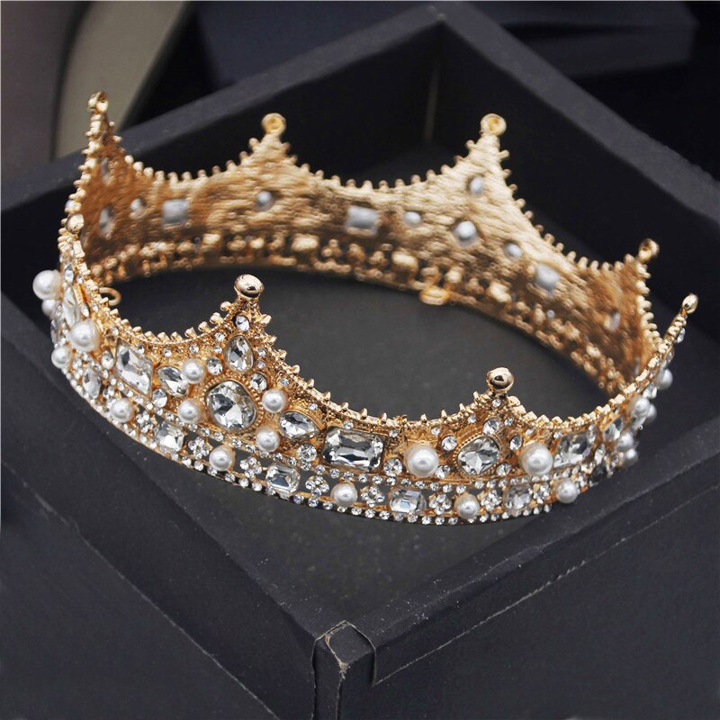 Baroque Royal King Diadem Men Crystal Pearls Metal Tiaras Wedding Crown Hair Jewelry Big Head Ornaments Prom Party Accessories