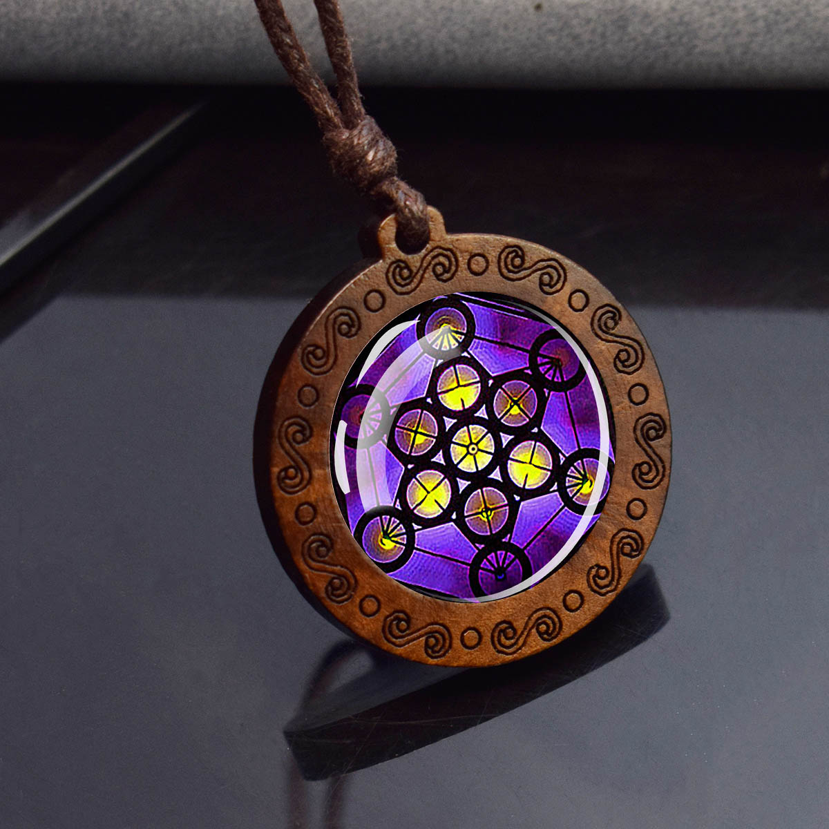 Sri Yantra Mandala Glas Halskette Holz Anhänger buddhistische heilige Geometrie Schmuck spirituelle Yoga: Rose Gold Farbe